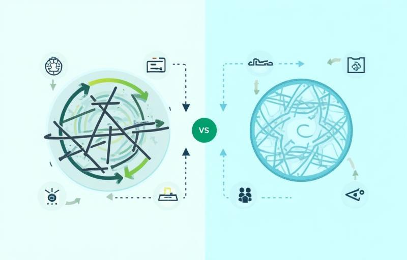 Graphic illustrating the contrast between a complicated manual process and a simple automated process.